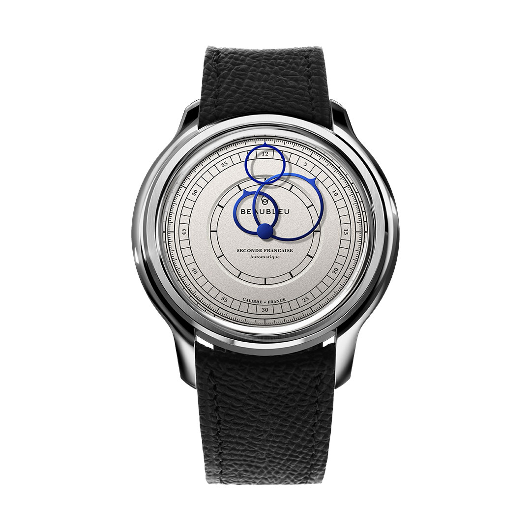 montre beaubleu seconde francaise blanc cuir noir